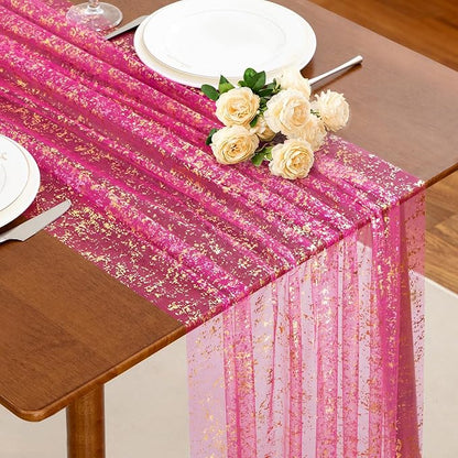 SiinvdaBZX Hot Pink Sheer Tulle Table Runner 120 Inch/10 Ft Long | Gauze Sequin by SiinvdaBZX