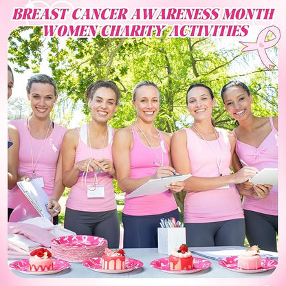 60 Pcs Breast Cancer Awareness Decorations 7 Inch Pink Ribbon Survivor Paper Plates Disposable Party Supplies Hope Love Cure Plates for Breast Cancer Awareness Month Women Charity Activities