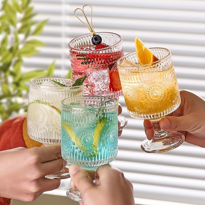 6 Packs Vintage Goblet Glasses, 8 oz Wine Glasses, Embossed Floral Glass Cups - Image 4