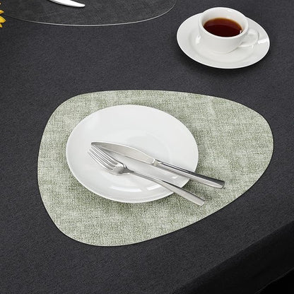 Placemats and Coasters, Washable Reversible Placemats Round Faux Leather Wipeable Place Mats Non Slip Heat Resistant Indoor Outdoor Table Mats (Set of 6, Gray Green)