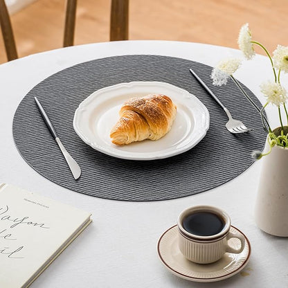Jovono 15" Faux Leather Big Round Placemats Set of 4 - Washable Heat Resistant Non-Slip Dining Table Mats with Fabric Texture for Kitchen Home Party Decor, Gray