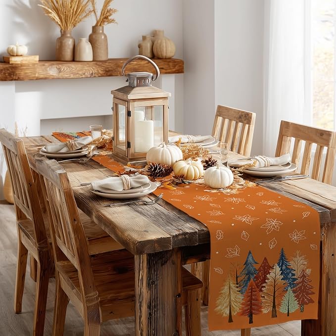 Fall Watercolor Trees & Maple Leaves Table Runner 13x120 Inch, Rustic Farmhouse - Image 7