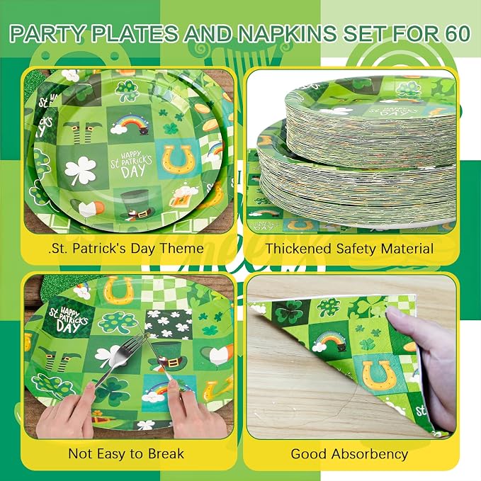 180Pcs St Patricks Day Party Supplies Paper Plates and Napkins Serve 60 | - Image 3