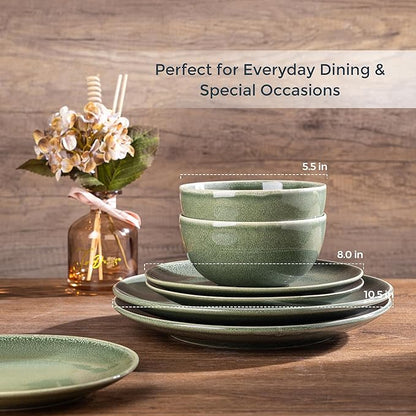 AmorArc Ceramic Dinnerware Sets for 4, 12 Pieces Handpainted Plates and Bowls Set, Scratch Resistant Stoneware Dishes Set, Dishwasher & Microwave Safe, Jade Green