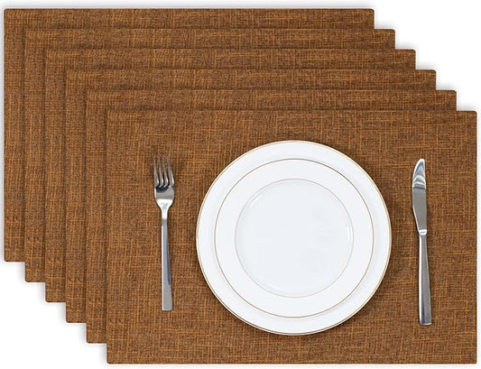 Kevin Textile Burlap Linen Placemats Set of 6 Heat Resistant Dining Table Place Mats Washable Kitchen Table Mats for Dinning Party Holiday Indoor Outdoor, 13 x19 inches, Hazel Brown