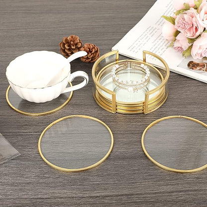 JUXYES Set of 8 Gold Brass Clear Glass Round Coaster - Image 3