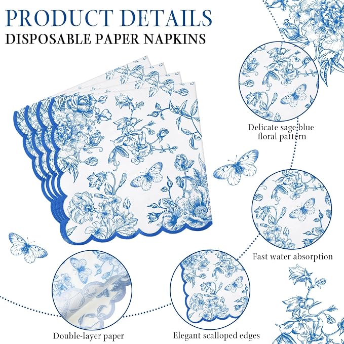 Willinglong 120 Pcs Floral Scalloped Paper Plates and Napkins Set, 2-ply Napkins - Image 3