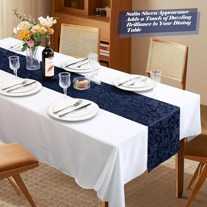 MILVOWOC 4 Pack Navy Blue Damask Table Runner, 12 x 72 Inch | Satin Jacquard - Image 6