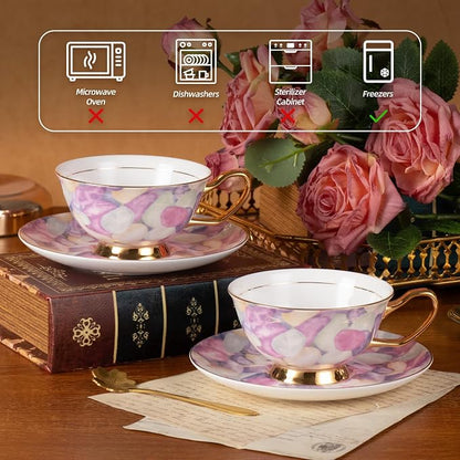 KAMMAK Tea Cups and Saucers Set of 2, Porcelain Coffee Cups, JBE024 | Stackable - Image 4