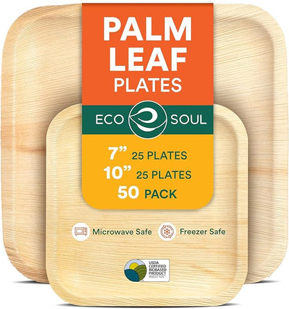 ECO SOUL Palm Leaf Square Plates 7" & 10" (50 Count) Compostable|Biodegradable| Eco-Friendly Disposable Party Plates for Appetizers - Dinner Parties, Wedding, Events & Camping Essentials