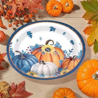 50Pcs Fall Oval Paper Plates Thanksgiving Plates 10" X 12" Large Disposable Blue White Pumpkin Plate Autumn Sunflower Platter Dinner Tableware for Autumn Harvest Thanksgiving Party Decorations