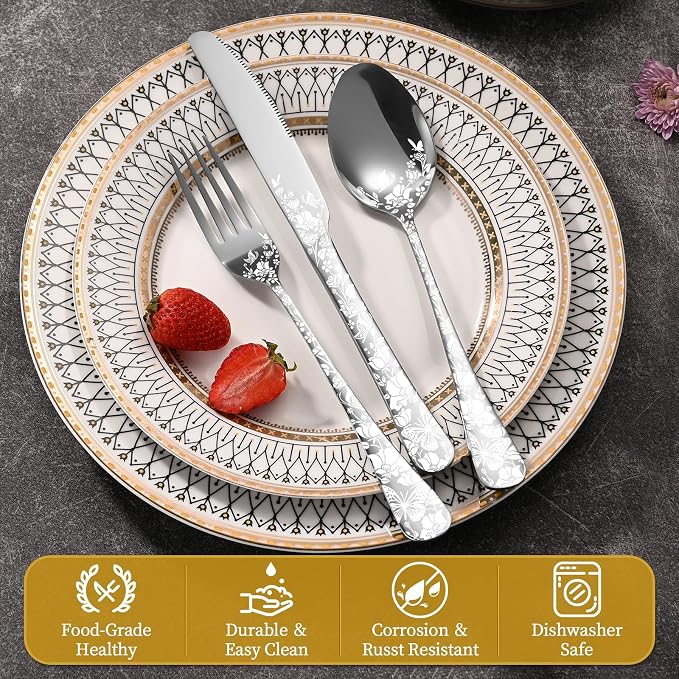 40 Piece Silverware Set, Stainless Steel Flatware Cutlery Set Service - Image 3