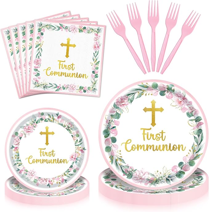 96 Pieces First Communion Floral Tableware Set – Pink Floral Cross Disposable by GistomeHome