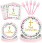 96 Pieces First Communion Floral Tableware Set – Pink Floral Cross Disposable by GistomeHome
