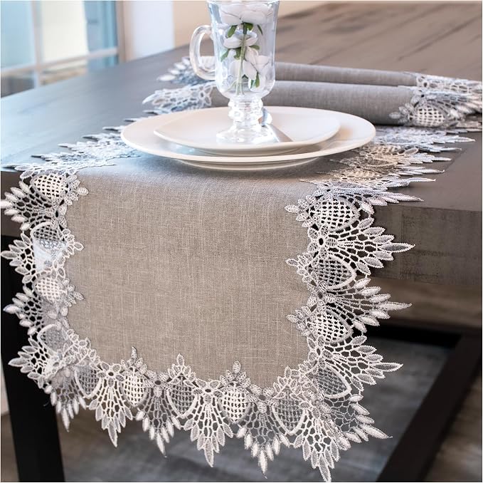 Lace Runner Earth Tone Silver Lace on Silver Fabric Table Runners, Dresser Scarf - Image 3