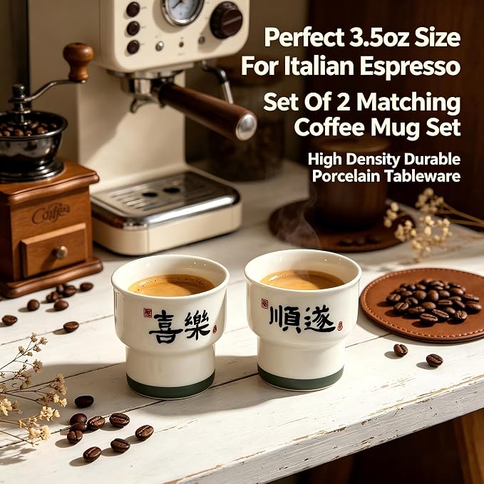 Ceramic Espresso Cups Set of 2, 3.52 OZ Handleless Demitasse Cups, Stackable - Image 2