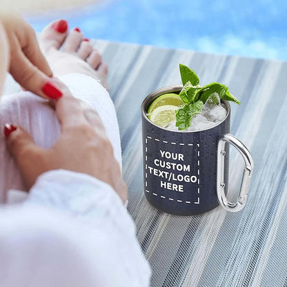 Custom Stainless Steel Mugs with Carabiner Handle 10 oz. Set of 10, Personalized Bulk Pack - Perfect for Coffee, Soda, Other Hot & Cold Beverages - Navy Blue
