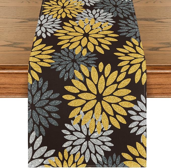Artoid Mode Gold Black Silver Dahlia Floral Pinnata Fall Table Runner, Seasonal by ArtoidMode