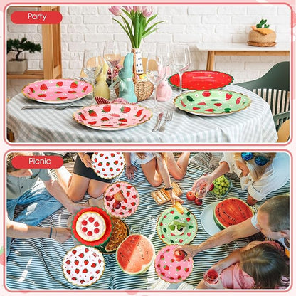 60 Pcs Strawberry Party Plates Berry First Birthday Disposable Flower Shaped Paper Plates 7 Inch Summer Fruit Dessert Dishes for Birthday Wedding Baby Shower Bachelorette Party Supplies