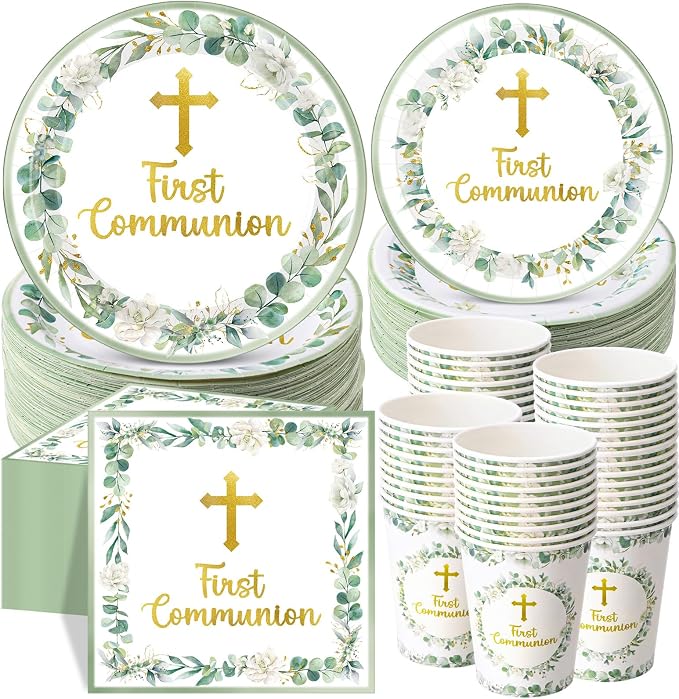 Pickmesh 250 Pcs Green First Holy Communion Disposable Tableware Set God Bless by Pickmesh