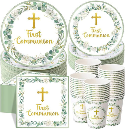 Pickmesh 250 Pcs Green First Holy Communion Disposable Tableware Set God Bless by Pickmesh