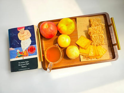 Bamboo Serving Tray with Gold Handles - Large Wood Serving Tray for Breakfast in Bed, Coffee Table, Dinner & bar - Decorative Bed Table Tray for Kitchen or Bedroom（14" x 9.5" x 2"）