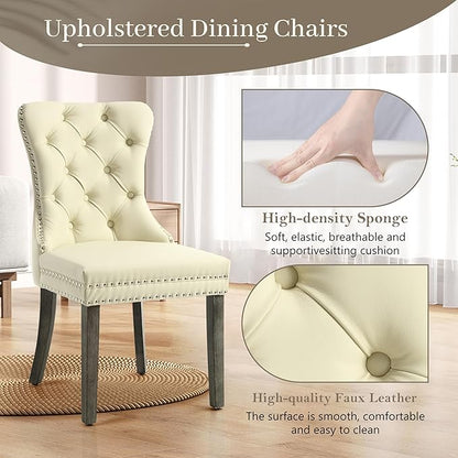 KCC Faux Leather Dining Chairs Set of 6, Upholstered High-end Tufted Dining Room Chair with Nailhead Back Ring Pull Trim Solid Wood Legs, Contemporary Nikki Collection Modern Style for Kitchen, Beige