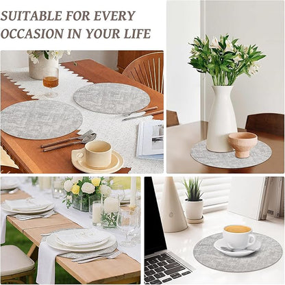 13" Round Placemats Set of 6, Reversible Faux Leather Heat Resistant Table Mats, Waterproof Oilproof Wipeable Table Protective Placemats for Vinyl, Washable for Indoor & Outdoor Use (6, Light Grey)