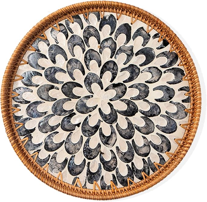 Round Rattan Tray with Mother of Pearl Inlay, Wooden Base | Coffee Table by Unknown