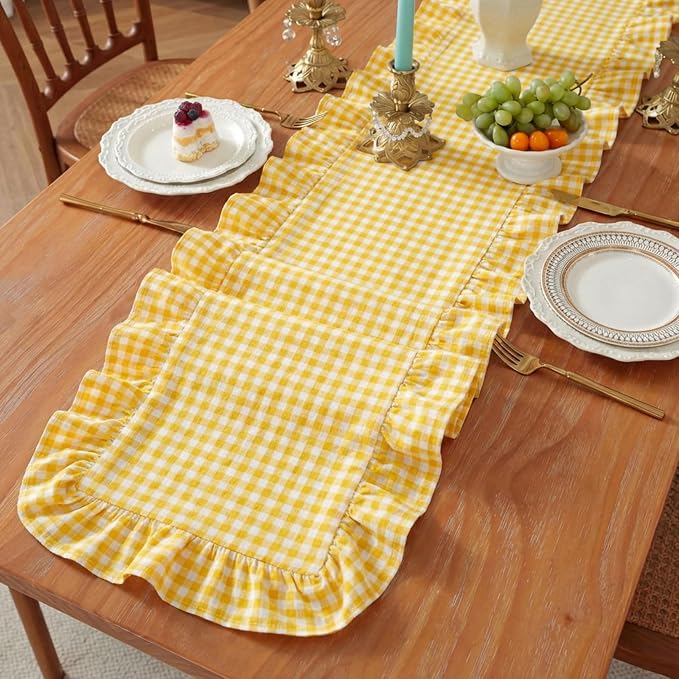 HunnmingRe 1 Pc Gingham Table Runner Yellow, 72 X 13.8 Inch | Cotton Dresser - Image 5