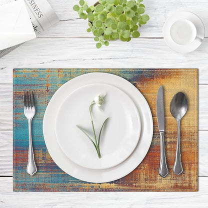 Emvency Farmhouse Placemats Set of 4, 12x18 Inch Blue and Orange Vintage Abstract Messy Rust Painting Table Mats for Outdoor Home Party Kitchen Dining Decoration