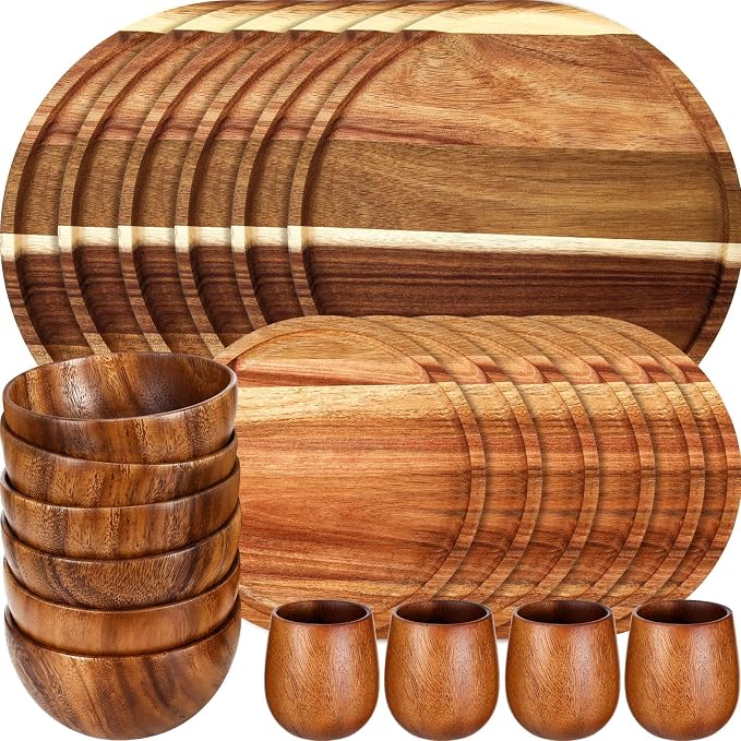 24 Pcs Acacia Wood Dinnerware Set, Round Wooden Plates, Solid Wooden Bowls and by Maxdot