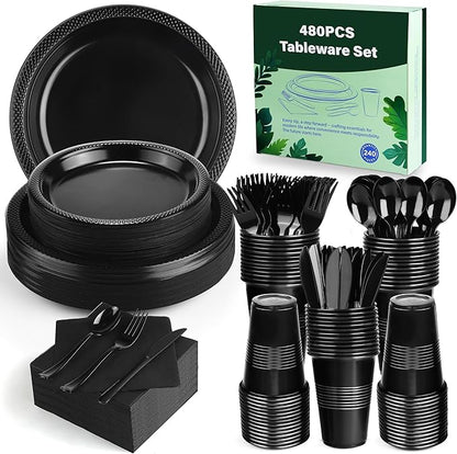 Kochorie 480 Pieces Black Plastic Dinnerware Set for 60 Guests Disposable Heavy Duty Plates Napkins Cups and Silverware Dessert Dinner Plates for Halloween Birthday Wedding Party Supplies