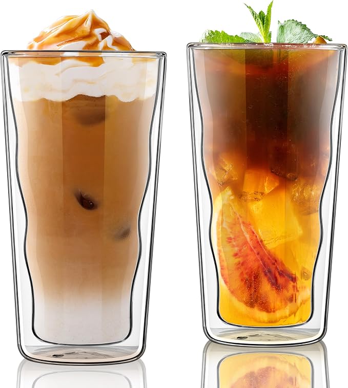 Joeyan Double Wall Glass, 15.2oz Wave Insulated Glass Tumblers Clear Coffee Cups by JoeyanHousehold