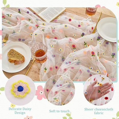 BINBE 3pcs Ivory Daisy Spring Table Runner Embroidery Gauze 10FT Florals - Image 3