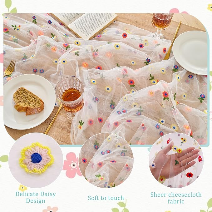 BINBE 1pcs Ivory Daisy Spring Table Runner Embroidery Gauze 10FT Florals - Image 3