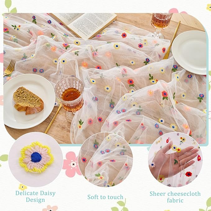 BINBE 12pcs Daisy Spring Table Runner Embroidery Gauze 10FT Florals Seasonal - Image 3