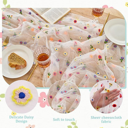 BINBE 6pcs Ivory Daisy Spring Table Runner Embroidery Gauze 10FT Florals - Image 3