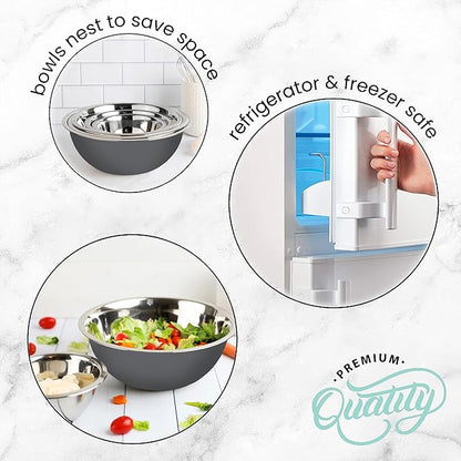 WHYSKO Meal Prep Stainless Steel Mixing Bowls Set, Home, Refrigerator, and Kitchen Food Storage Organizers | Ecofriendly, Reusable, Heavy Duty (Gray)