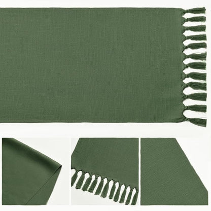Artoid Mode Dark Green Tassel Table Runner, Linen Blend Rustic Farmhouse Style - Image 5