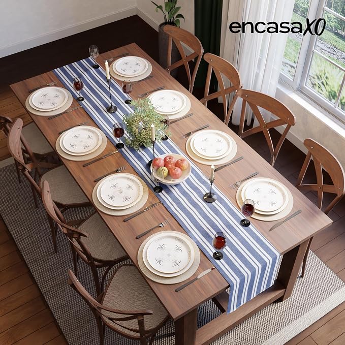 Encasa XO Table Runner, Woven Cotton Dining Runner 13"x104" Franca Blue Stripes - Image 4