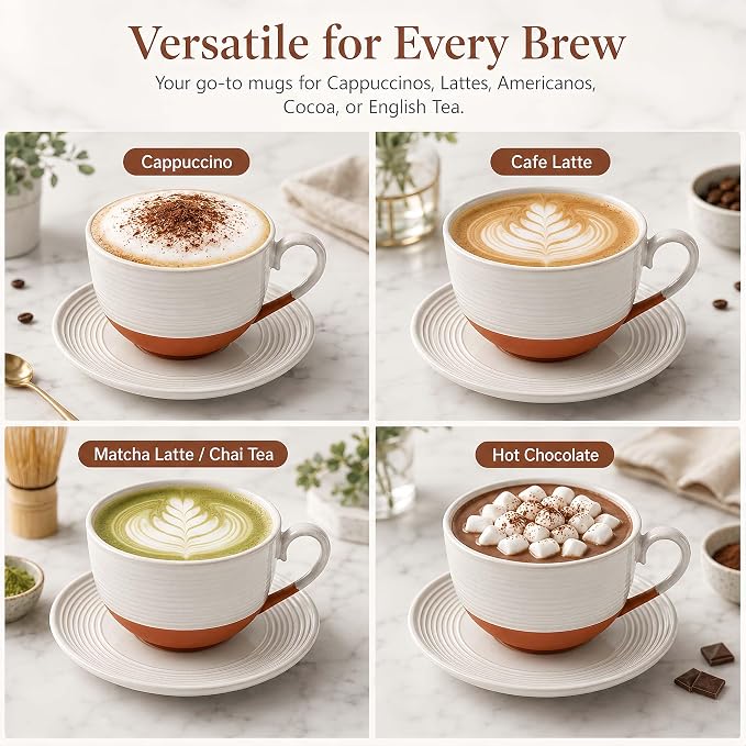 12 Oz Cappuccino Cups with Saucers, Coffee Cups Set of 4, Ceramic Tea Cup and - Image 7
