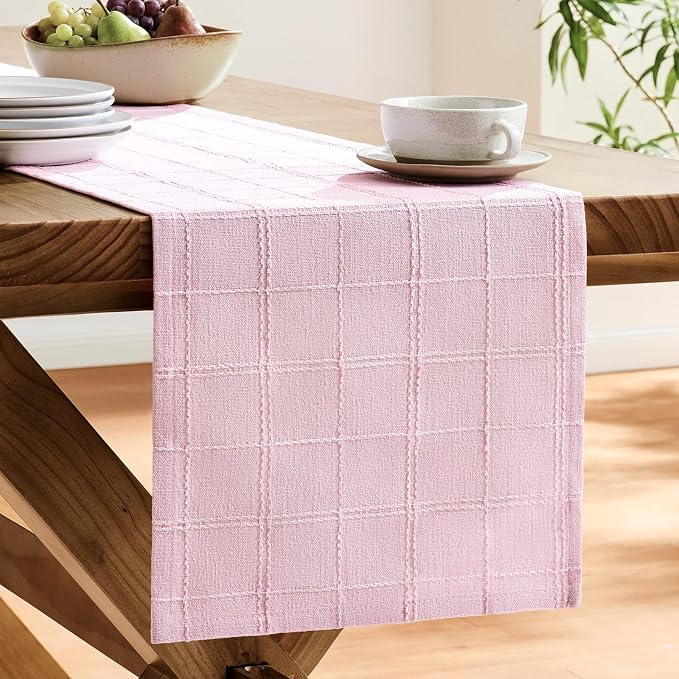 Linen Checked Farmhouse Table Runner, 13x72 Inches Pink | Raised Grid Design - Image 4