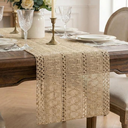 Burlap Boho Table Runner Macrame Brown 48in Farmhouse Woven Runner | Burlap by Xiomot