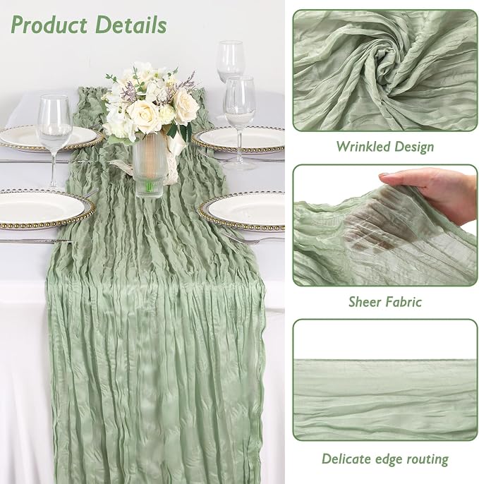 8 Pack Sage Green Cheesecloth Table Runner 120 Inch Boho Wedding Decor | - Image 3