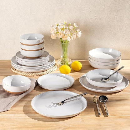 AmorArc Ceramic Dinnerware Sets with Pasta Bowls for 8, Handpainted Plates and Bowls Set with Rustic Terracotta Underside, Scratch Resistant Dishes Set, Dishwasher & Microwave Safe, 32 Pcs