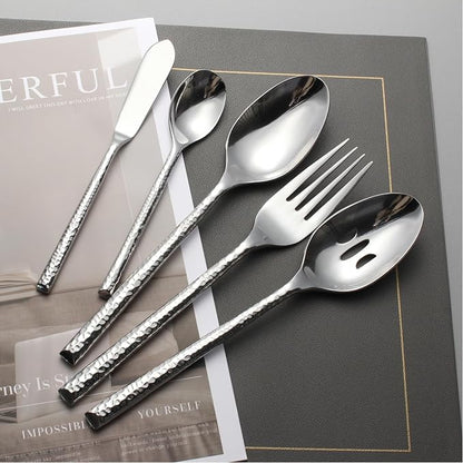 45-Piece Forged Hammered Stainless Steel Flatware Cutlery Set for 8, SXY INOX Includes 8 sets and 1 Butter Knife,1 Serving Tablespoon,1 Cold Meat Fork,1 Pierced Tablespoon,1 Suger Spoon
