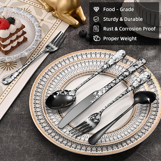 40 Piece Black Silverware Set, Stainless Steel Flatware Cutlery Set Service - Image 6