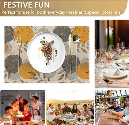 Leaves Place Mats Set of 6, Stripes and Dots Table Mats,Heat Insulation Non Slip Washable Dining Placemats for Wedding Holiday Party Kitchen Decor 12X18 in