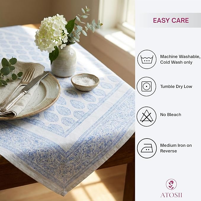 ATOSII Amalfi 100% Cotton Boho Square Fall Tablecloth, Handblock Print Table Cloth for Kitchen I Dining Table Linen Fall Décor I Parties Wedding Outdoor Christmas Thanksgiving I Fall 60 X 60 Inches